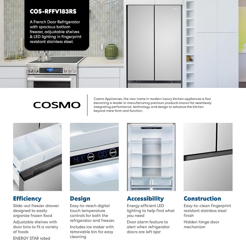 COSMO COS-RFFV183RS 30 in. Vista Collection 17.5 cu. ft. Counter Depth 3-Door French Door Refrigerator, Freezer Drawer, Stainless Steel