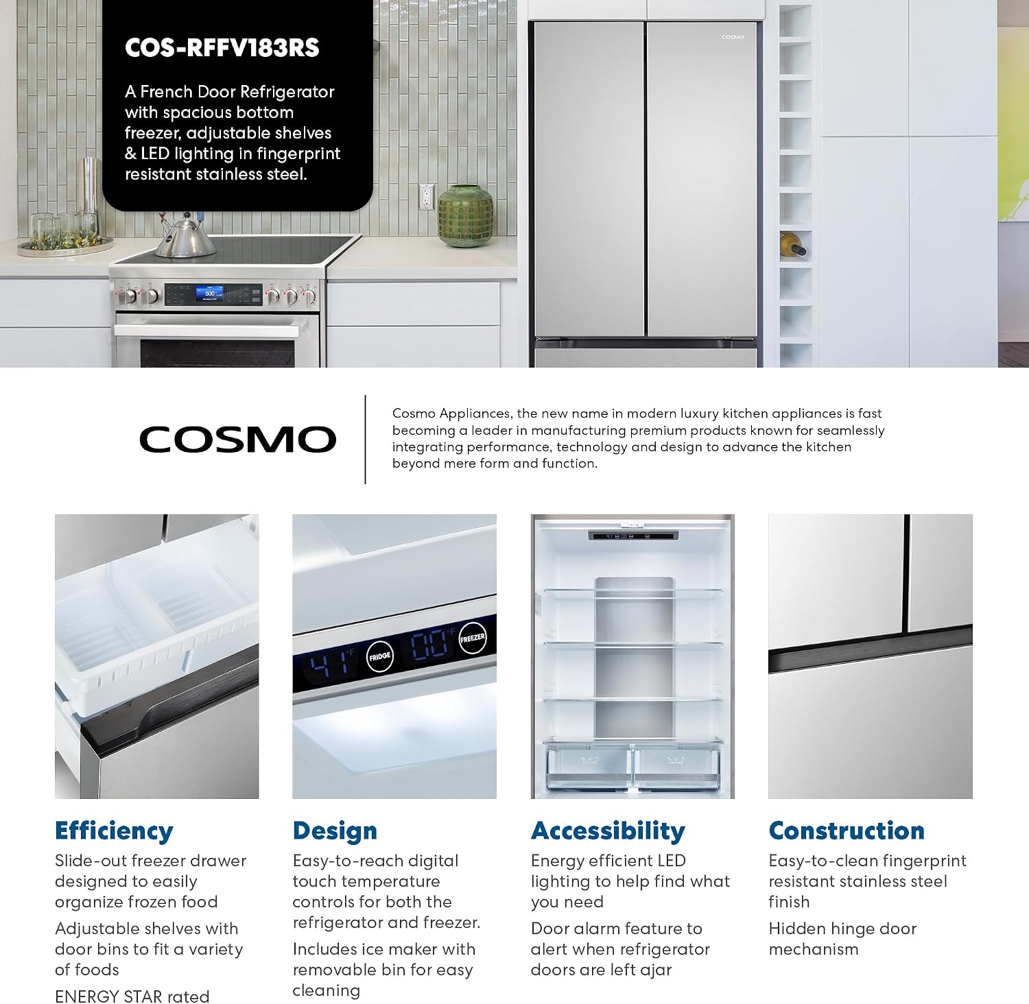 COSMO COS-RFFV183RS 30 in. Vista Collection 17.5 cu. ft. Counter Depth 3-Door French Door Refrigerator, Freezer Drawer, Stainless Steel