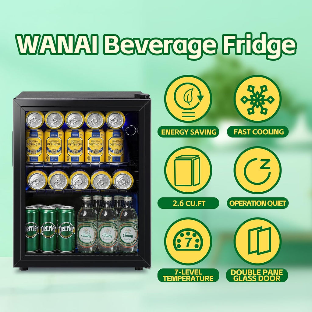 WANAI Beverage Refrigerator Cooler 2.6 Cu.Ft, 85 Can Mini Small Fridge with Glass Door LED Light and Adjustable Shelves for Soda Beer or Wine, Perfect for Home Bar Office, Black