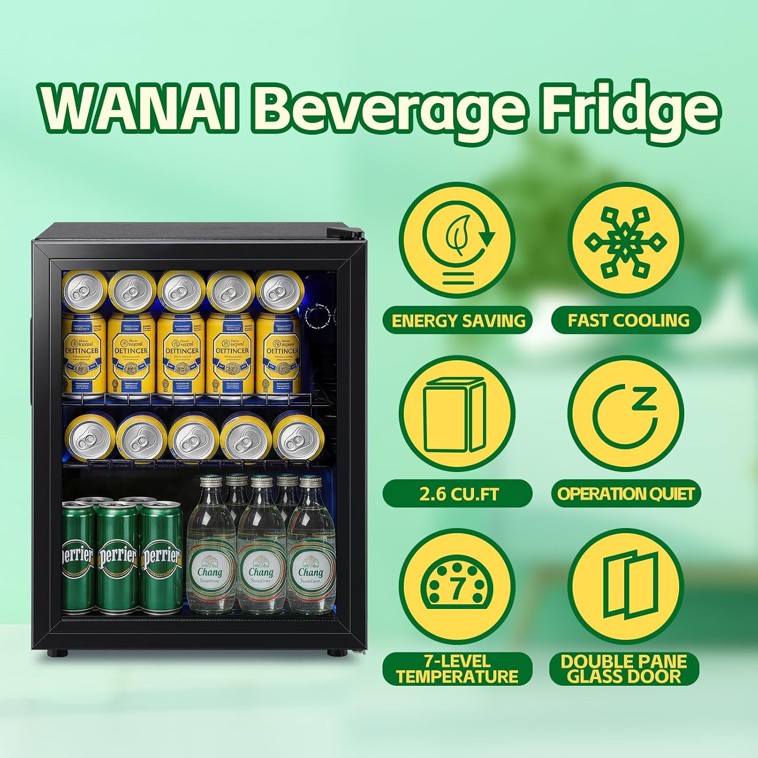 WANAI Beverage Refrigerator Cooler 2.6 Cu.Ft, 85 Can Mini Small Fridge with Glass Door LED Light and Adjustable Shelves for Soda Beer or Wine, Perfect for Home Bar Office, Black