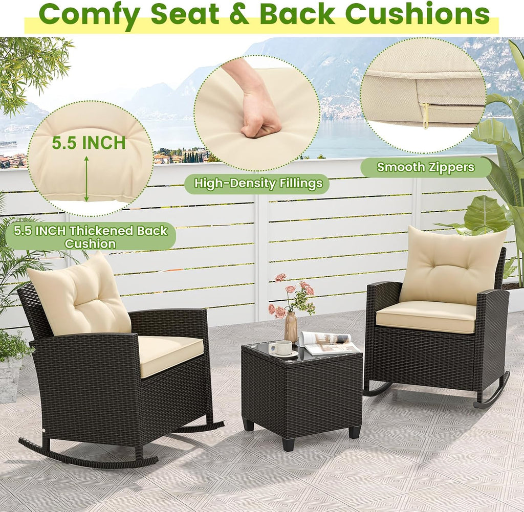 Tangkula 3 Piece Wicker Rocking Set, Patio Rattan Roker Chairs with Tempered Glass Table & Soft Cushions, Outdoor Furniture Set for Backyard, Poolside Porch (Beige)