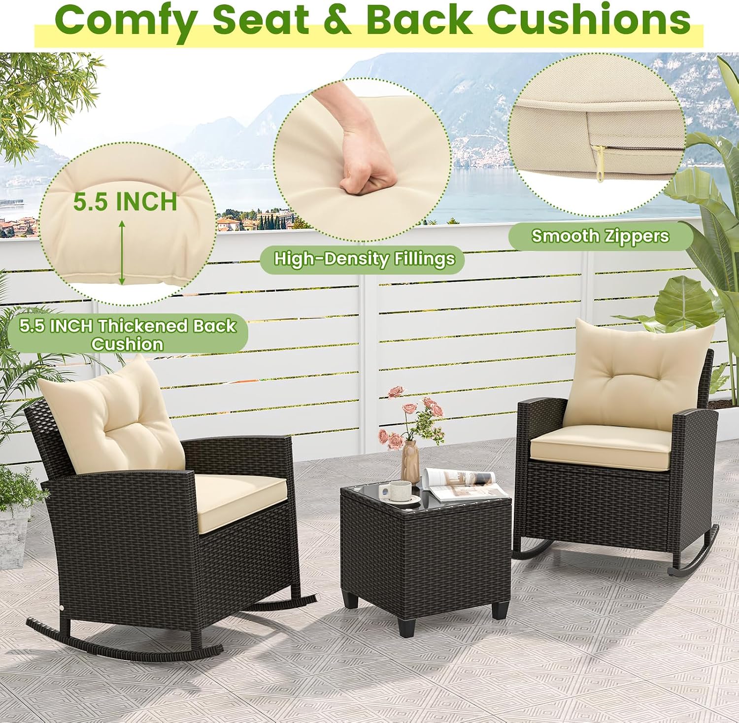 Tangkula 3 Piece Wicker Rocking Set, Patio Rattan Roker Chairs with Tempered Glass Table & Soft Cushions, Outdoor Furniture Set for Backyard, Poolside Porch (Beige)