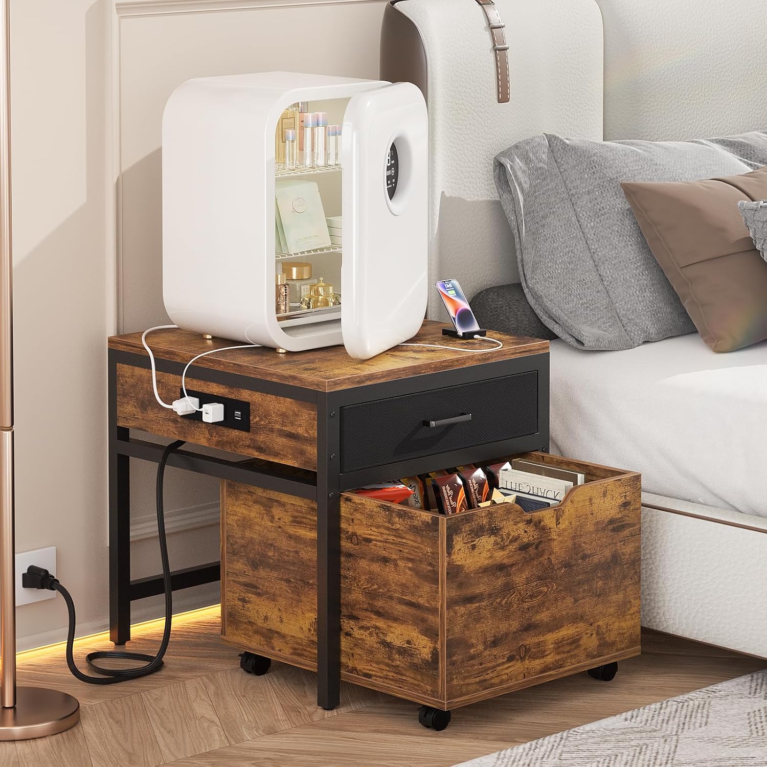 Unikito Mini Fridge Stand with Drawer Storage and Sockets, Heavy Duty Small Refrigerator Stand Cart for Dorm, Apartment, Office, Bedroom, Mini Fridge and Microwave Stand, Hold 300LBS, Rustic Brown