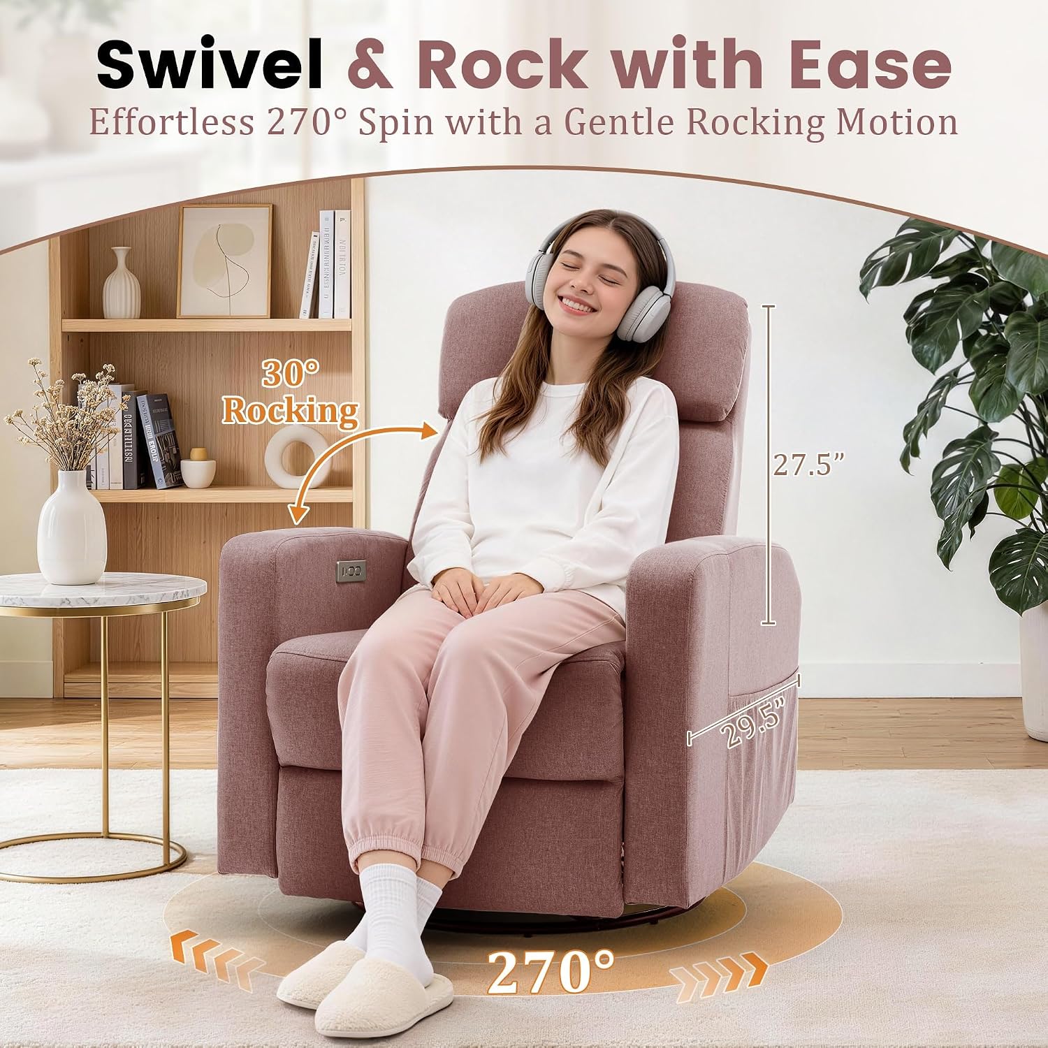 Korser Power Swivel Recliner Chairs for Adults, Electric Glider Rocking Chair Nursery, Glider Recliner Nursery Chair with Classified Side Pocket, Nursery Rocking Chairs with USB and Type-C Ports