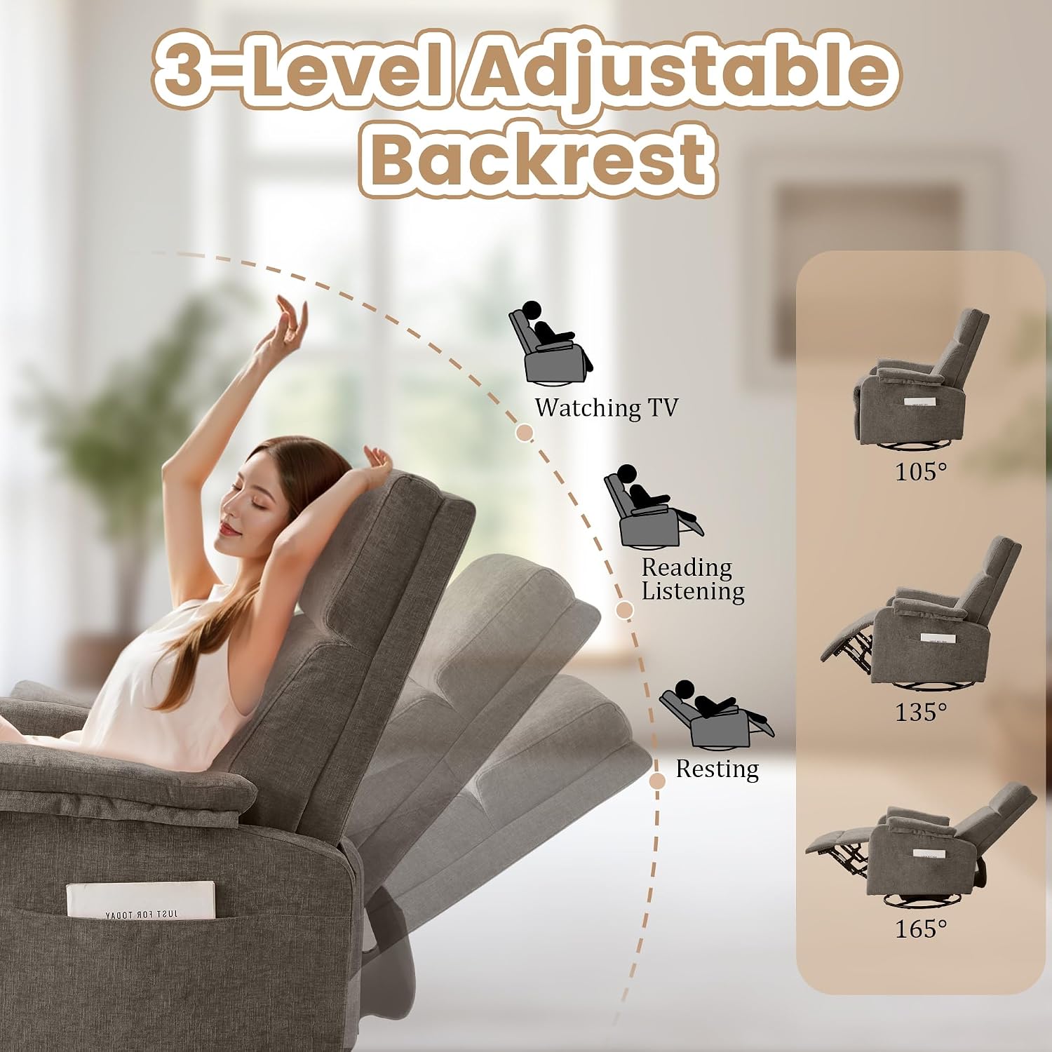 Korser Swivel Rocking Recliner with Massage, Small Glider Chair for Nursery, Modern-Designed Armrests Chair for Adults Living Room, Chenille, Brown