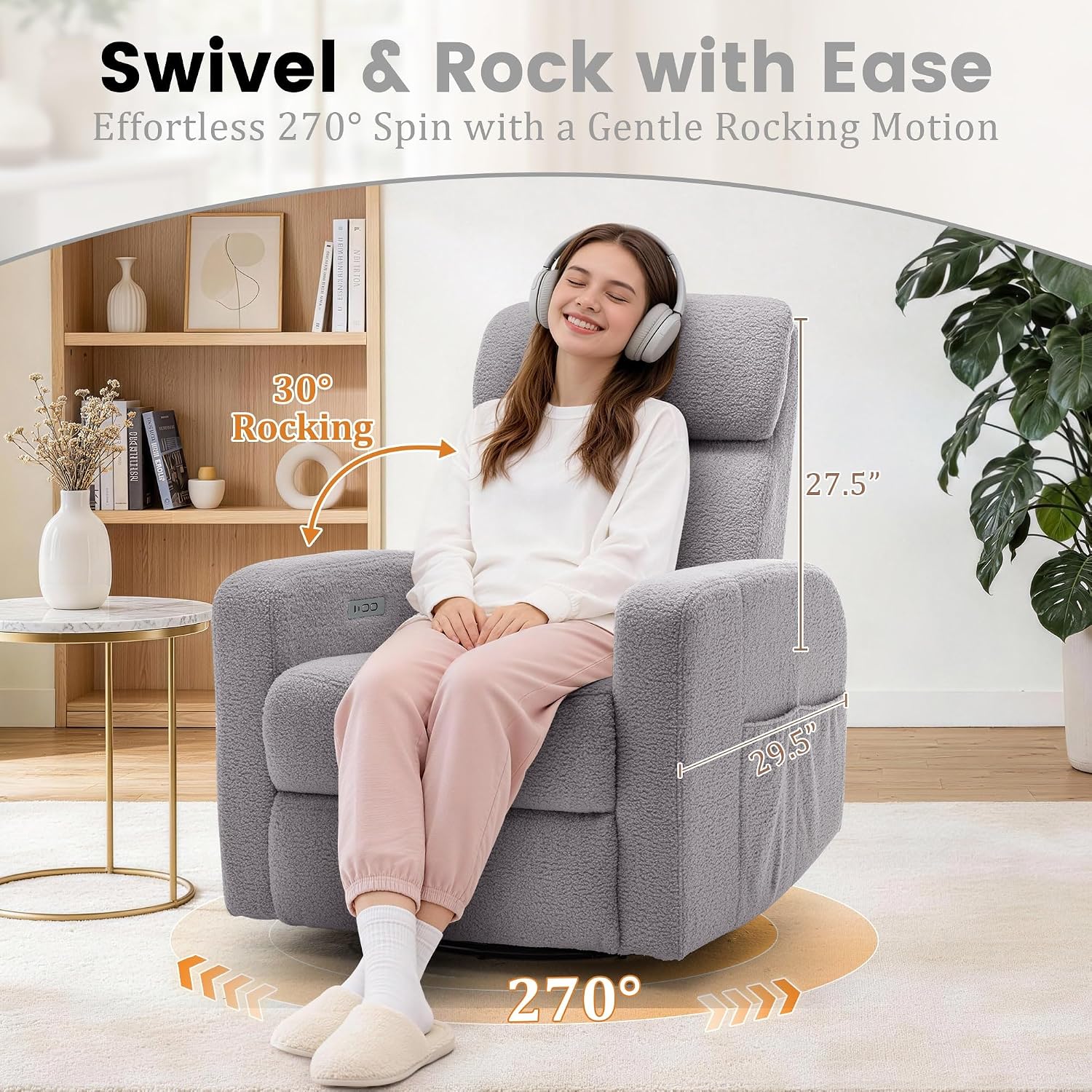 Korser Power Swivel Recliner Chairs for Adults, Electric Glider Rocking Chair Nursery, Glider Recliner Nursery Chair with Classified Side Pocket, Nursery Rocking Chairs with USB and Type-C Ports