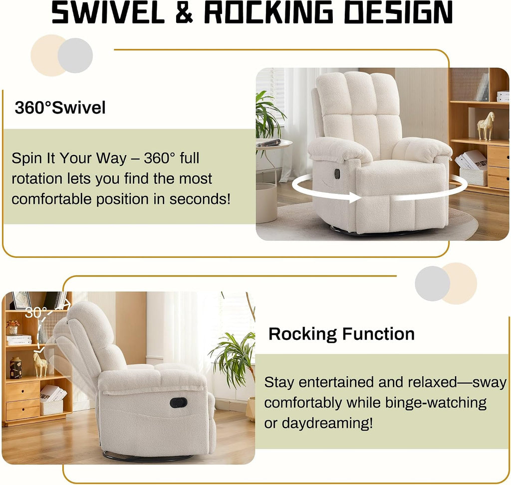Korser Recliner Chair, Swivel Rocker Recliner Chair for Adults, Small Recliners for Small Spaces, Manual Recliner with Side Pockets, Upholstered Nursery Rocking Chair for Living Room, Sherpa, Beige