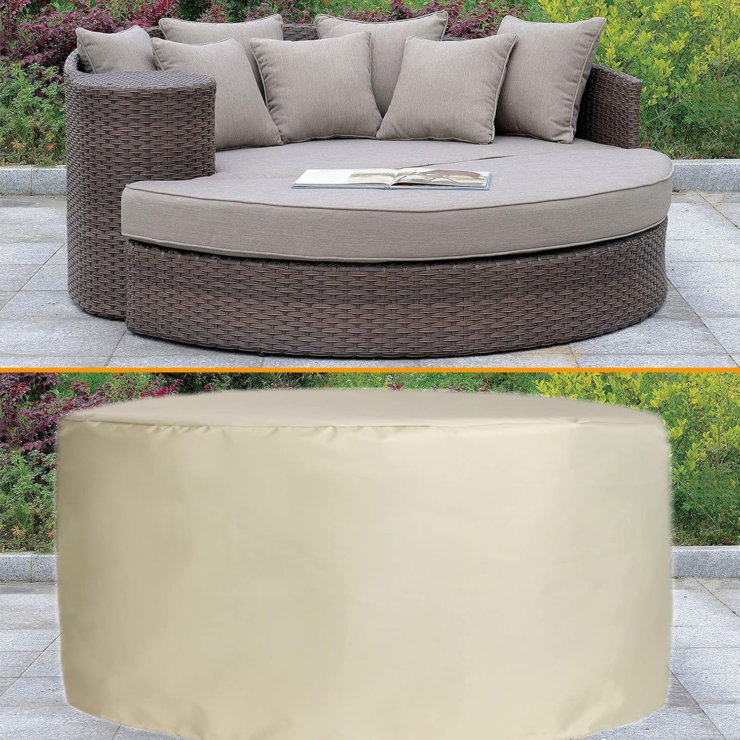 YSUEFIJO Garden Furniture Covers Waterproof Round 138x47in Patio Furniture Cover Beige for Sofa Dining Table and Chairs Anti-UV Durable 420d Oxford Fabric Rip Proof with Black Storage Bag