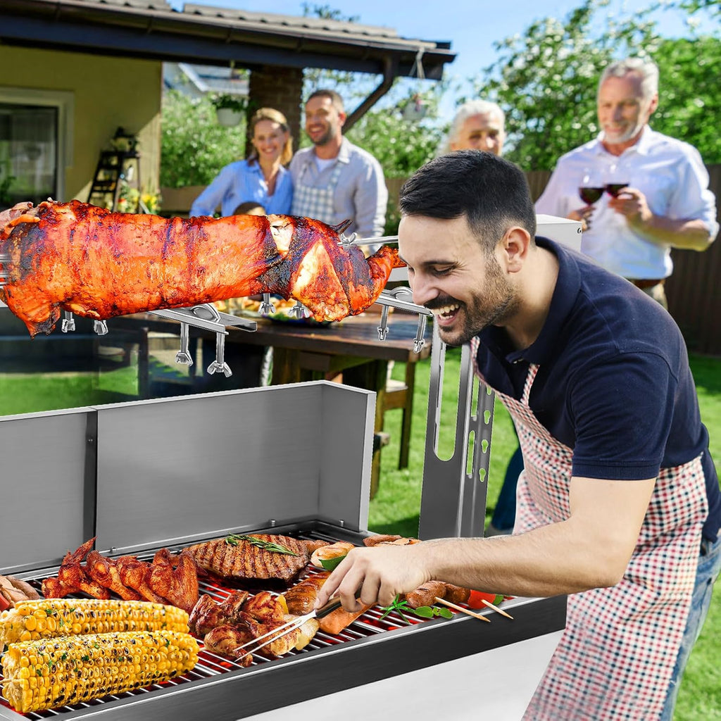 25w 37in Electric Rotisserie Grill Portable 132lbs Portable Stainless Steel Rotisserie Grill Roster With Wheels, Motor, Wind Baffle For Pig Chicken Lamb Rotisseries Roasting Machine