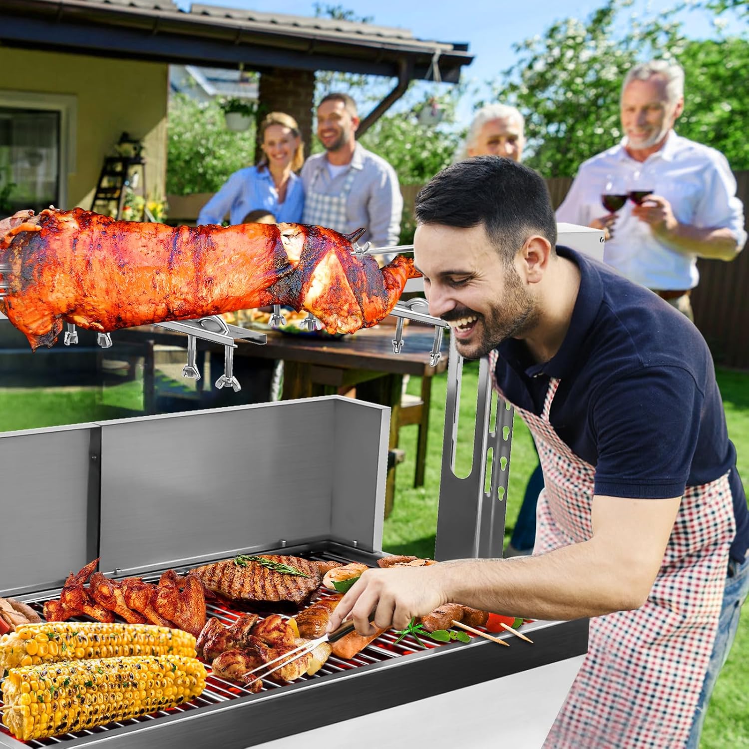 25w 37in Electric Rotisserie Grill Portable 132lbs Portable Stainless Steel Rotisserie Grill Roster With Wheels, Motor, Wind Baffle For Pig Chicken Lamb Rotisseries Roasting Machine