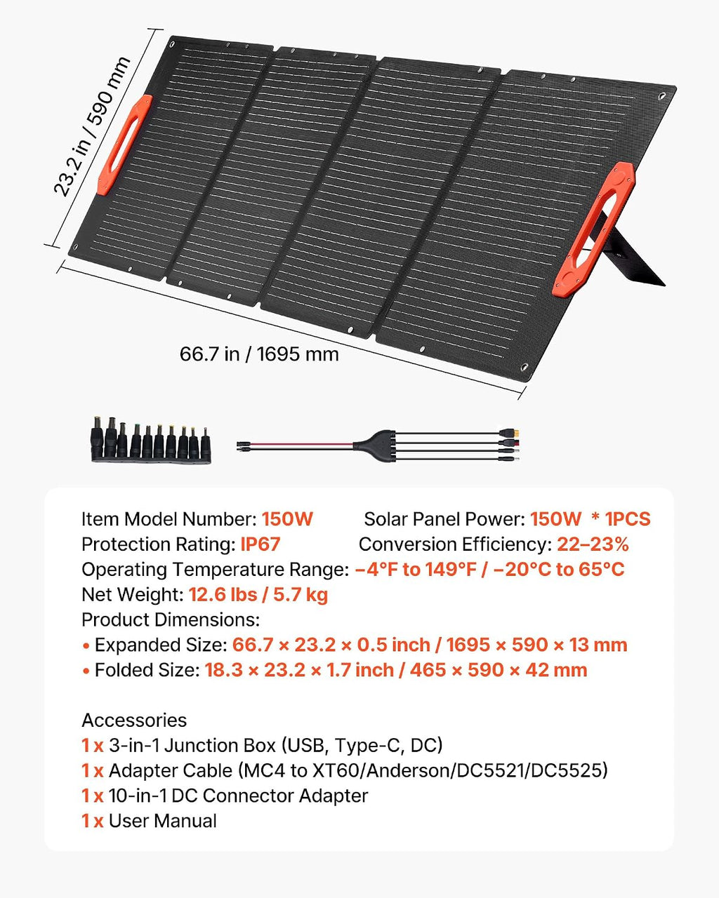VEVOR 150W Foldable Monocrystalline Solar Panel, 23% Efficiency Portable ETFE Mono Solar Panel Charger with MC4 Output, Type-C, QC3.0 USB & DC Ports, IP67 Waterproof for Power Stations Camping Hiking