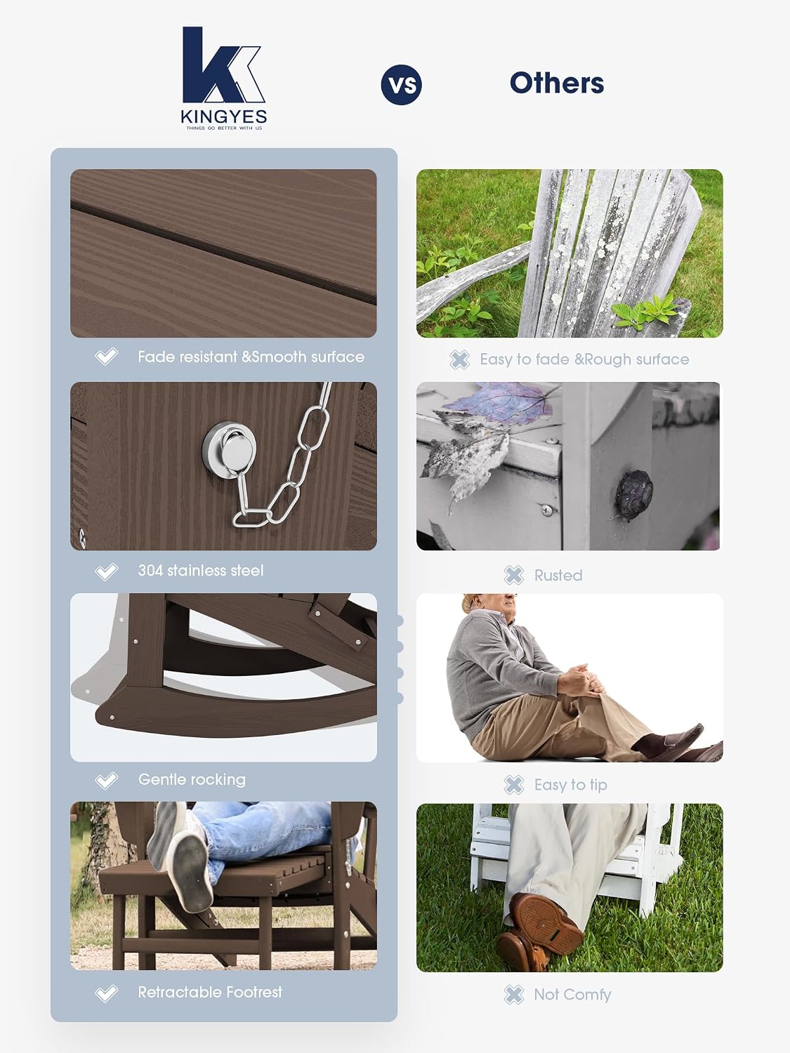 KINGYES Adirondack Rocking Chair Set of 2 with Retractable Ottoman and Cup Holders, HDPE Adirondack Rocker Patio Rocking Chair for Porch, Patio, Balcony, Coffee Brown
