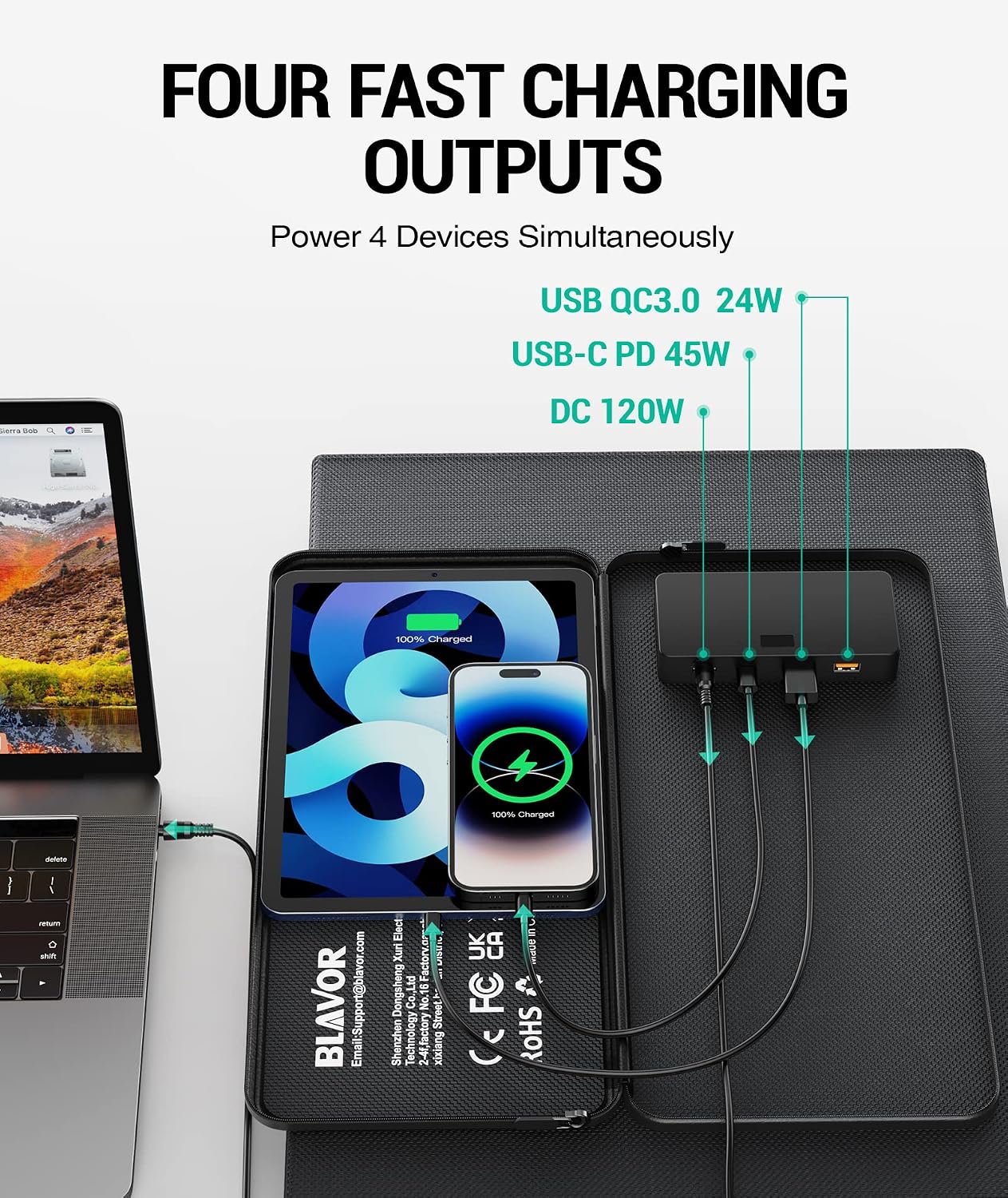 BLAVOR 120W Portable Solar Panel PD45W QC3.0 Fast Solar Charger DC18V 6.67A USB A&C Output Compatible with Power Stations, Solar Generators, Phones, Tablets, for RV Camping, Off-Grid Road Trips