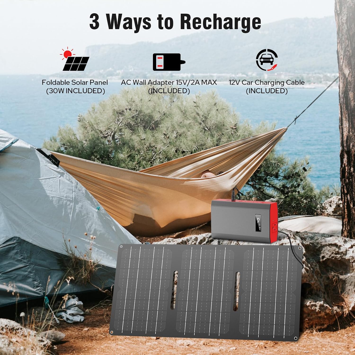 Portable Solar Power Station with Foldable Solar Panel 30W, 110V 120W AC Outlet Solar Power Bank Generator with Panel, Camping Battery Bank with USB C for Laptop Smart Device Outdoor Hiking Fishing