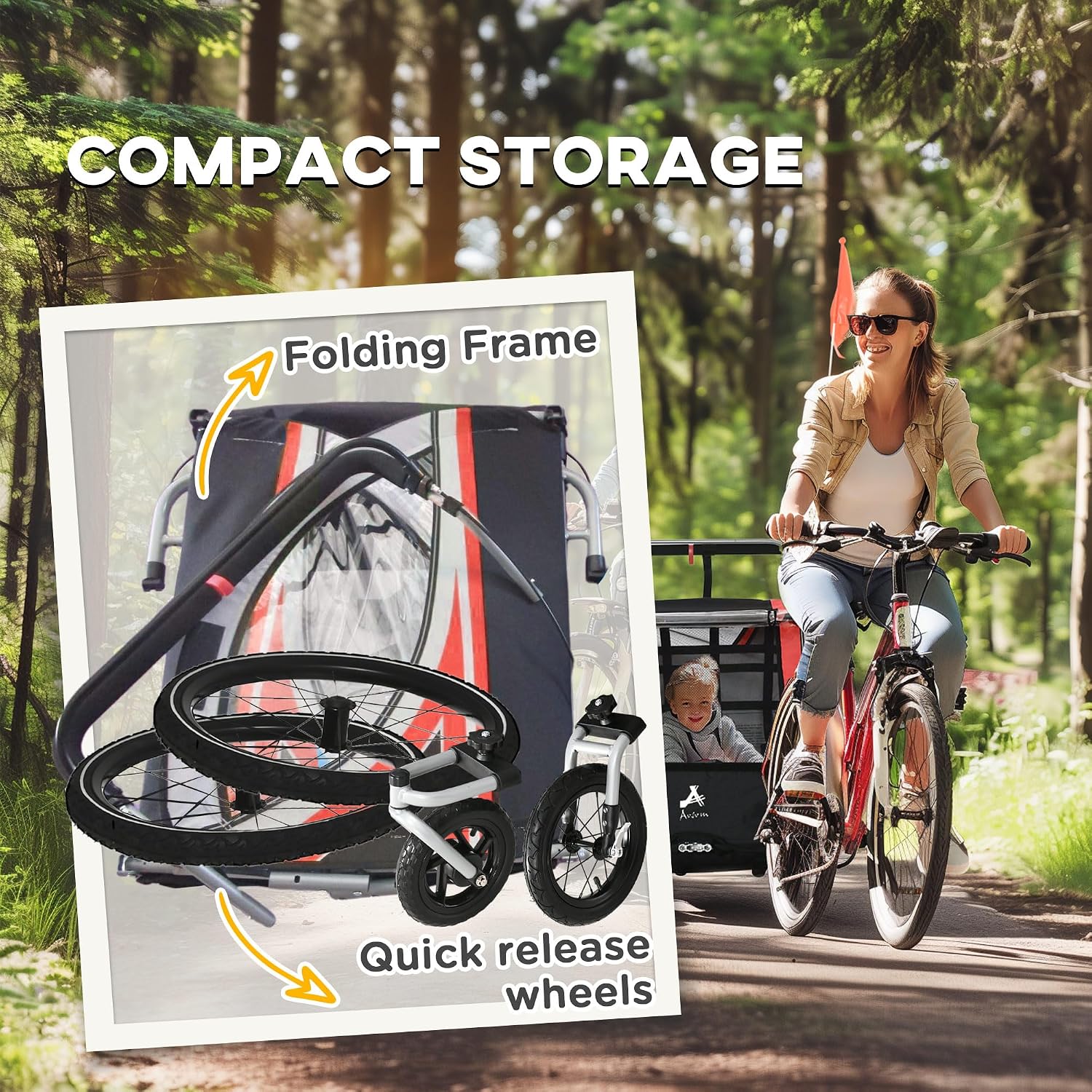Aosom 3-in-1 Walk/Jog/Ride Child Baby Bike Trailer for Kids 2 Seater, High-Visibility Bike Stroller for Toddler Wagon, Weather-Strong Double Bicycle Trailer Accessory