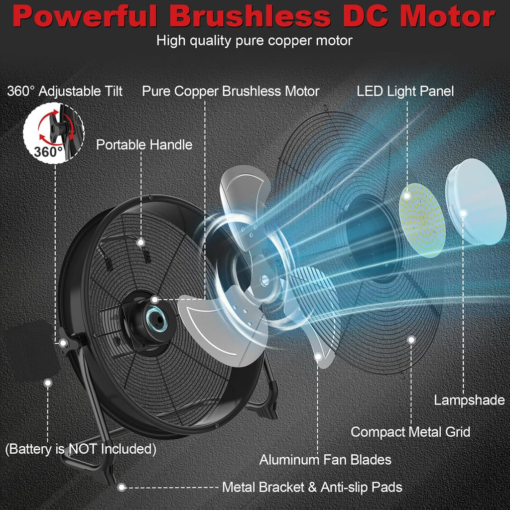 16' Battery Operated Floor Fan with Light Compatible with Milwaukee M18 18V Battery, Portable Fan with AC Adapter and USB Output, Metal High Velocity, Stepless Speed Cordless Fan for Jobsite Camping