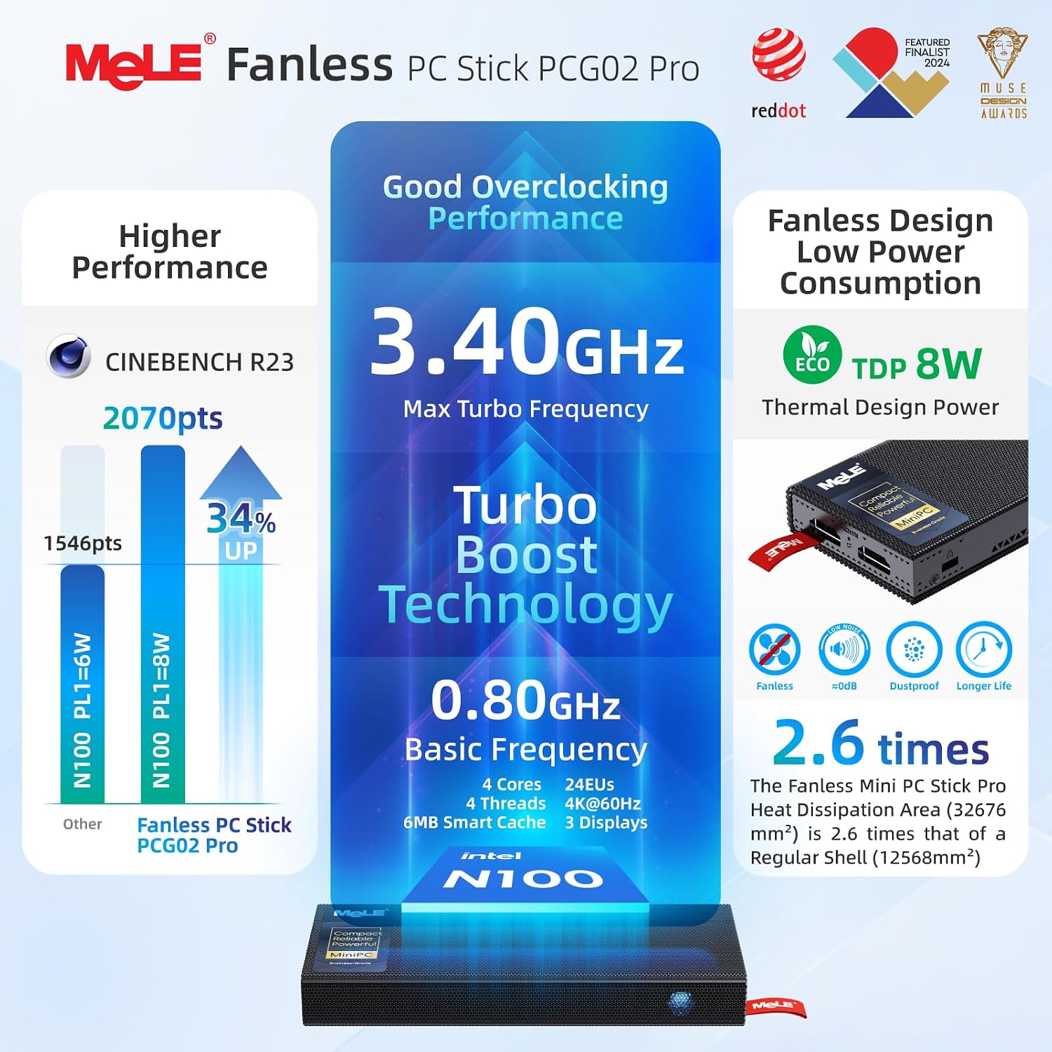 MeLE PCG02 Pro Fanless N100 Mini PC Stick 8GB LPDDR4x 128GB eMMC Win11pro Slim Micro Computer Stick Dual HDMI 4K Display WiFi 5 BT5.1 GbE, Support PD3.0 Protocol, on IoT, Digital Signage, MES, WMS
