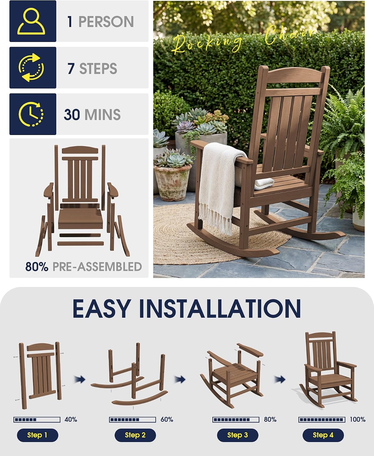KINGYES Oversized Outdoor Rocking Chair Set of 2, High Density Polyethylene Patio Rocking Chairs with 330lbs Support for Adults, Brown