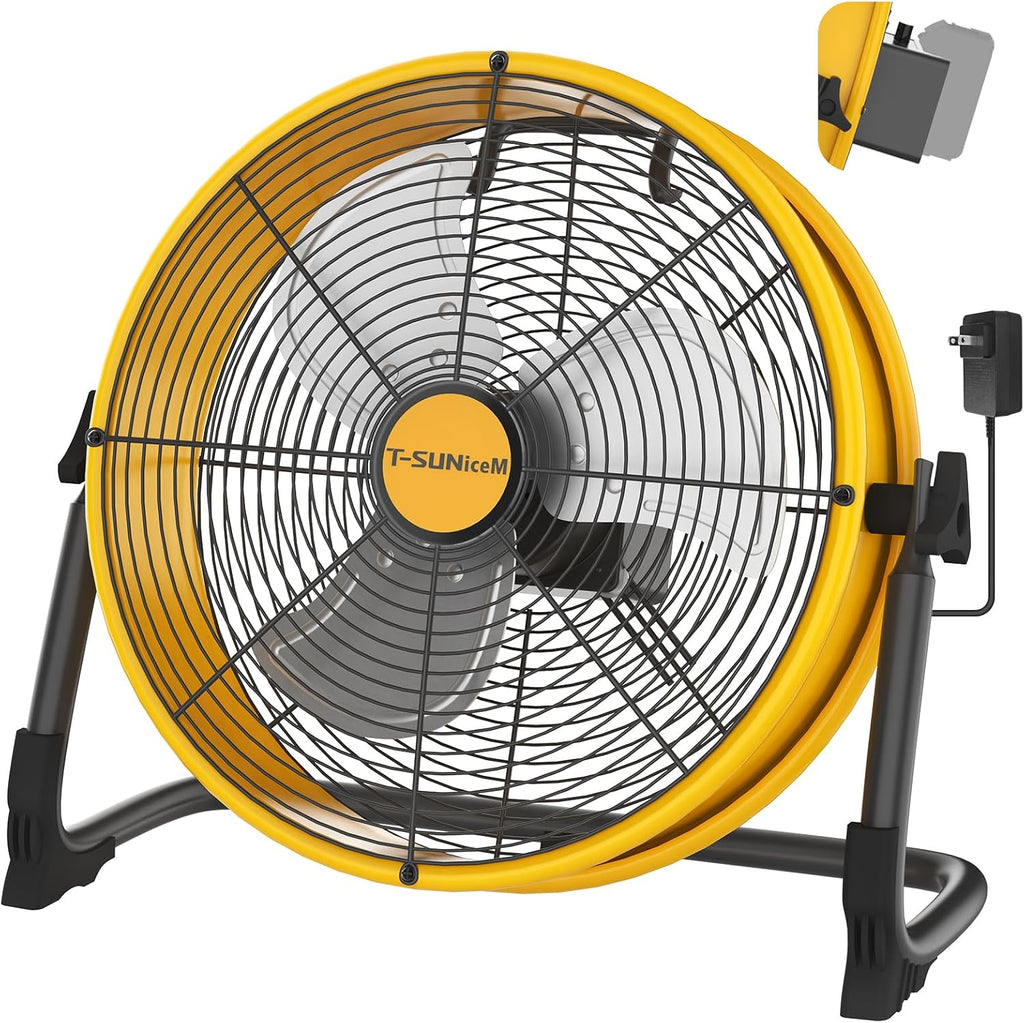 16' Battery Operated Floor Fan Compatible with Dewalt 20V Max Battery, Portable Fan with AC Adapter and USB Output, Metal Industrial High Velocity, Stepless Speed Cordless Fan for Jobsite Camping