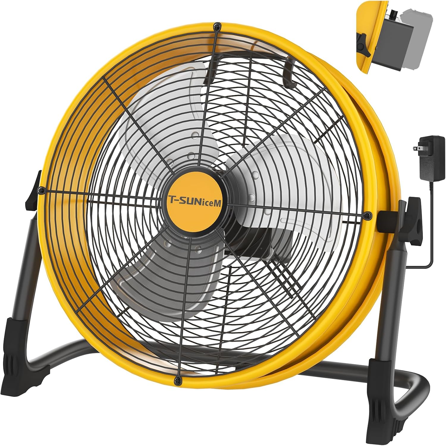 16' Battery Operated Floor Fan Compatible with Dewalt 20V Max Battery, Portable Fan with AC Adapter and USB Output, Metal Industrial High Velocity, Stepless Speed Cordless Fan for Jobsite Camping