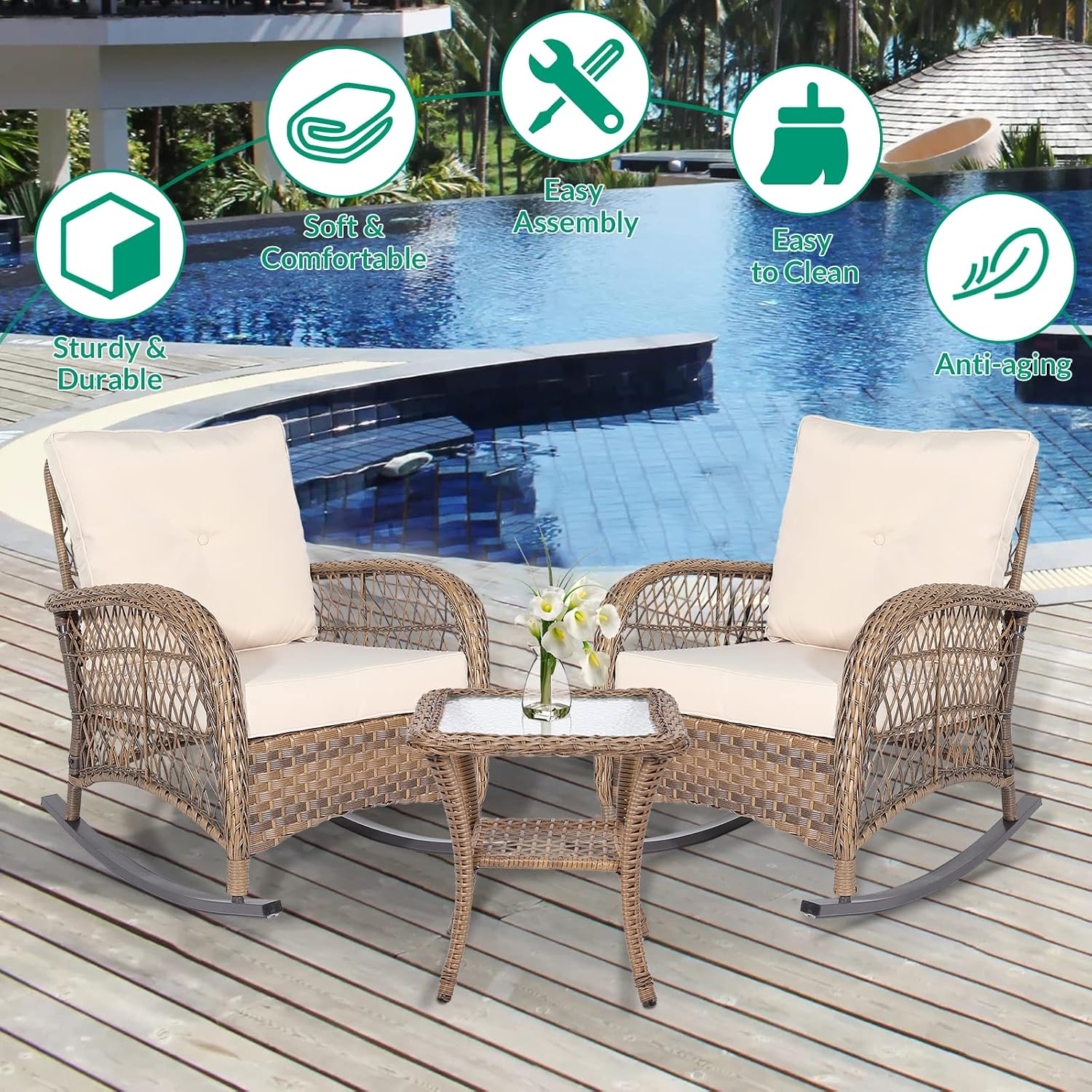 VIVIJASON 3-Piece Outdoor Conversation Bistro Set, Patio Wicker Rocking Chairs Rattan Furniture Sets w/ 2 Rattan Chairs, Cushions, Glass Top Side Table for Garden Porch Backyard