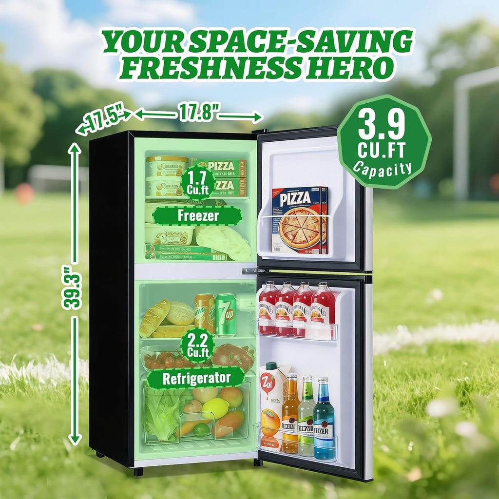 DEMULELR 3.9Cu.ft Refrigerator with Freezer Black Two Door Mini Fridge with Crisper Drawer & Extra Drink Space, LED Light, Full-Size Fridge for Dorm Office 17.5'D x 17'W x 40'H，Silver