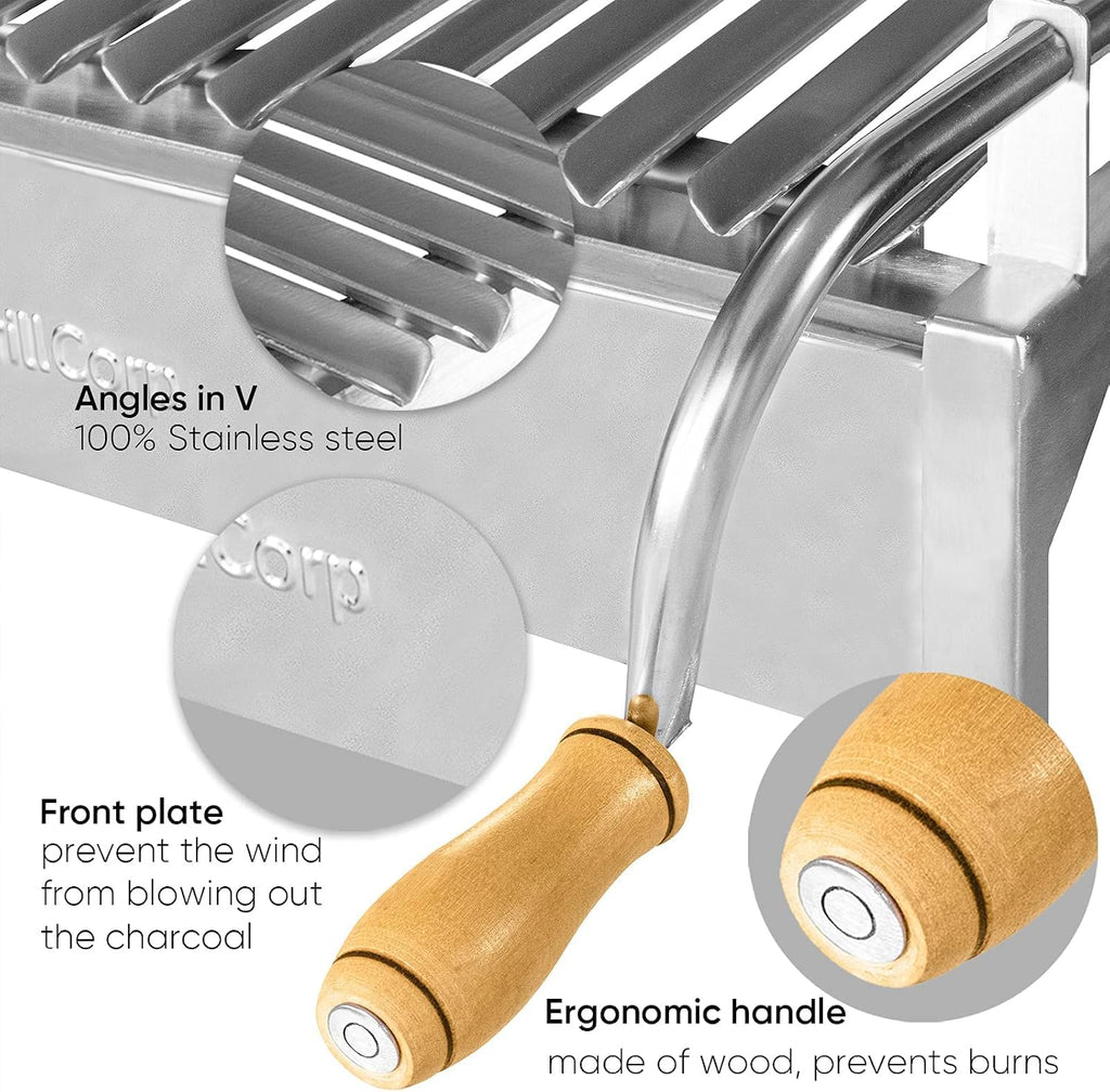 Junior Argentine Grill – Portable & Built-in 100% Stainless Steel BBQ with Lifting System & Drip Pan – Fits Junior Grillcorp Roasting Box – Outdoor Cooking & Camping Accessory