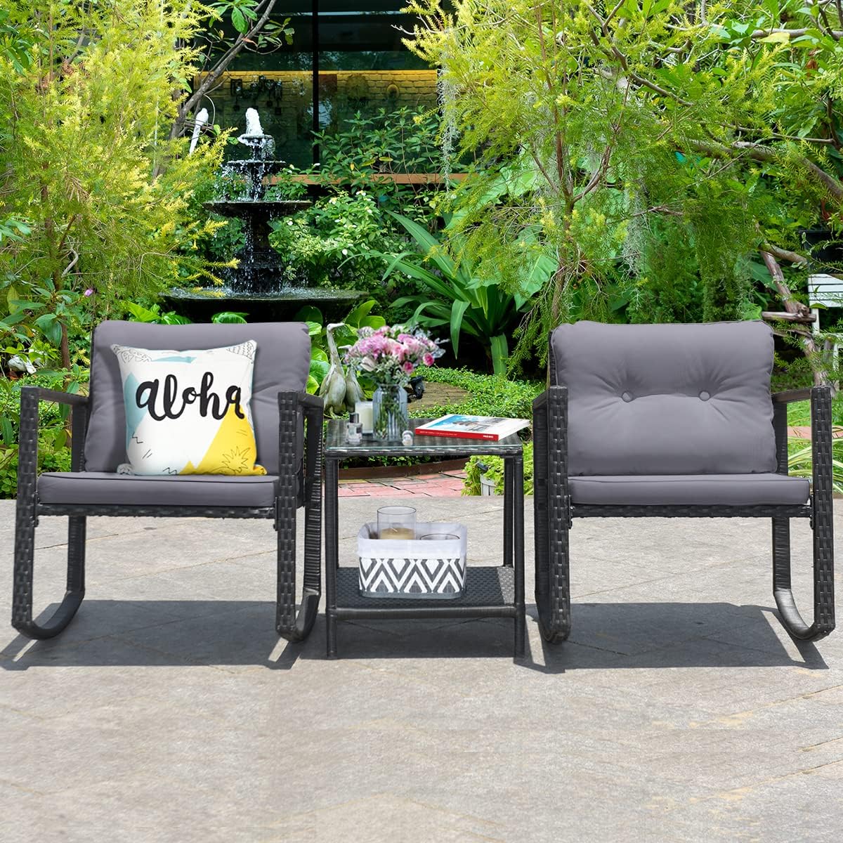 Tangkula 3 Pieces Patio Wicker Rocking Bistro Set, Outdoor Rocking Chair Furniture Set w/Cushioned Seat, Conversation Set w/Glass Coffee Table and Storage Shelf (Gray)