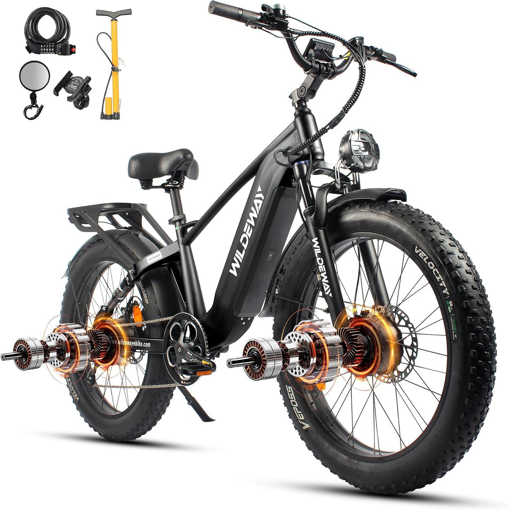 Wildeway 2600W Dual Motor Electric Bike for Adults 48V 30AH Removable Battery 32MPH 26' Terrain Fat Tire 80 Miles Long Rang Mountain Bike Full Suspension with Hydraulic Disc Brake Bicycle