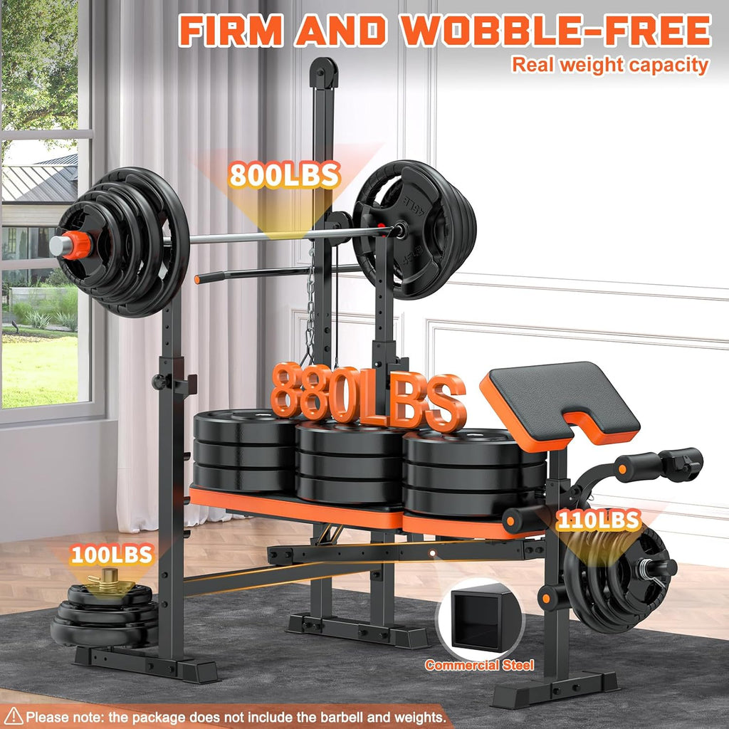 9-in-1 Adjustable Olympic Weight Bench with Lat Pulldown, Row, Squat Rack & Leg Curl – Multi-Function Strength Training Bench Press for Home Gym Full Body Workout