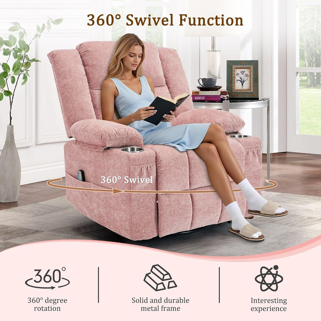 Korser 360° Swivel Rocker Recliner for Adults, Nursery Glider Recliner with Massage and Heating, Rocking Chair with Cup Holder, Manual Recliner Chair for Living Room, Bedroom (Fabric, Pink)