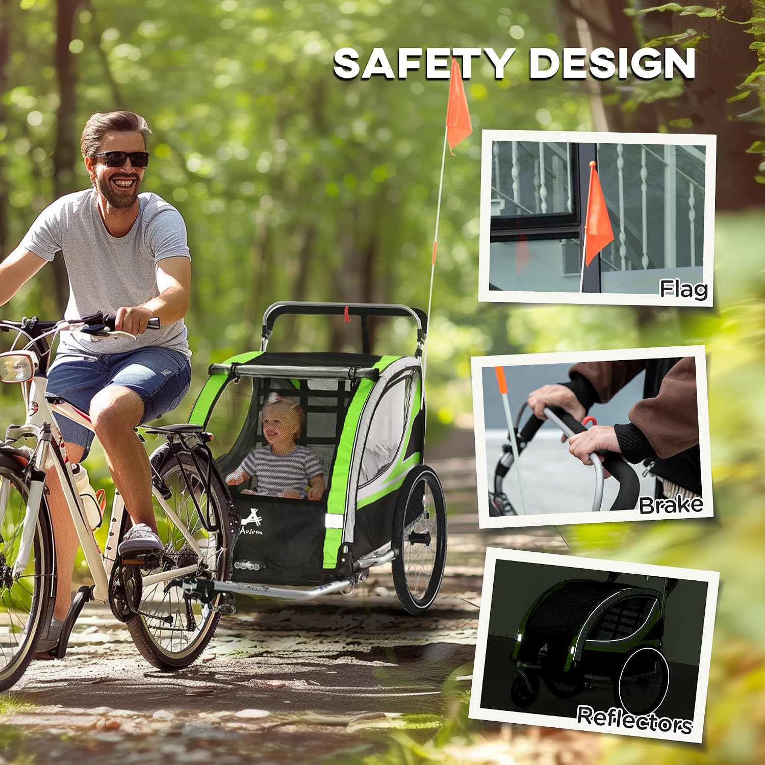 Aosom 3-in-1 Walk/Jog/Ride Child Baby Bike Trailer for Kids 2 Seater, High-Visibility Bike Stroller for Toddler Wagon, Weather-Strong Double Bicycle Trailer Accessory