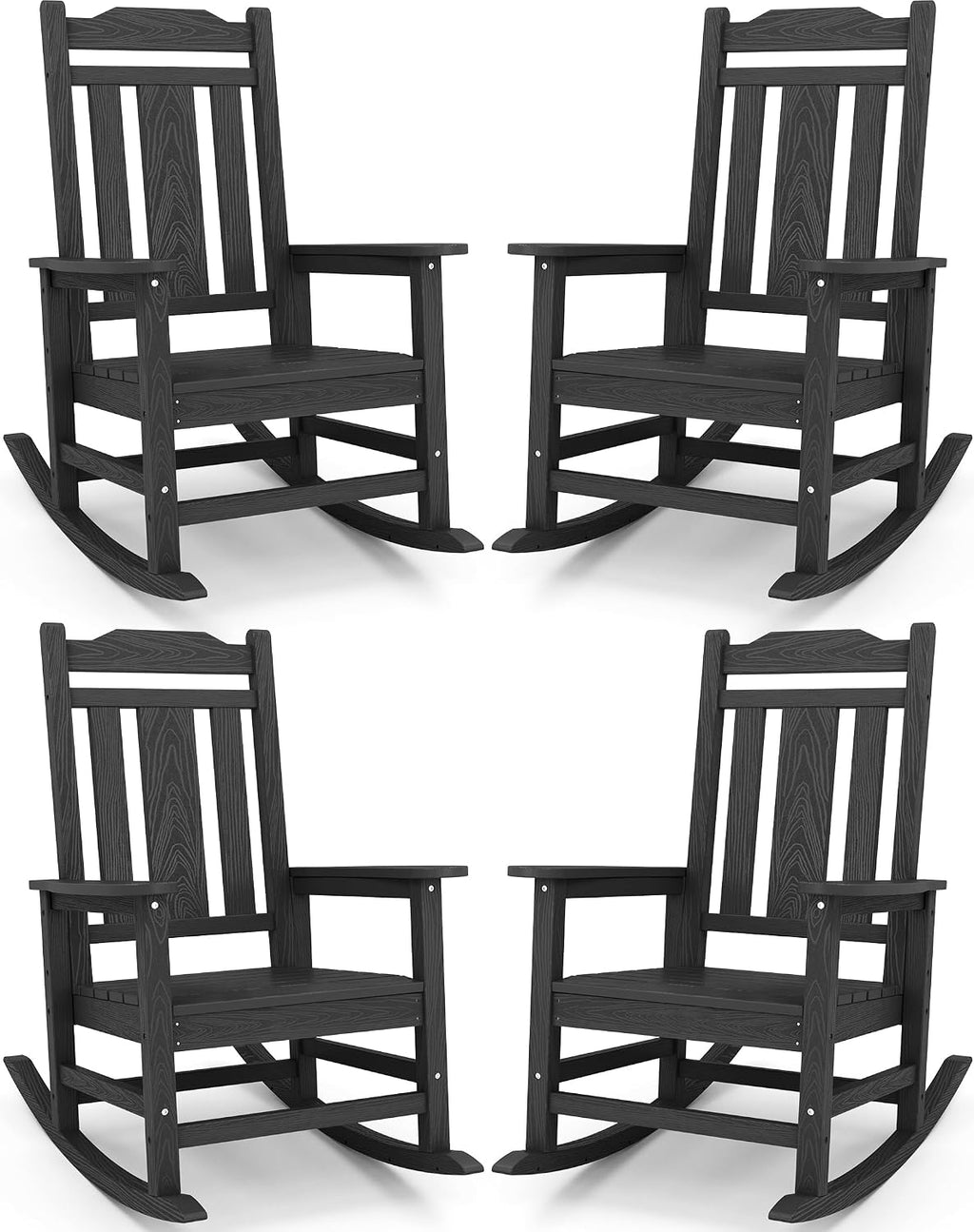 SERWALL Oversized Rocking Chair, HDPE Outdoor Rocking Chairs Set of 4, Patio Rocking Chair Sets for Adults, Black