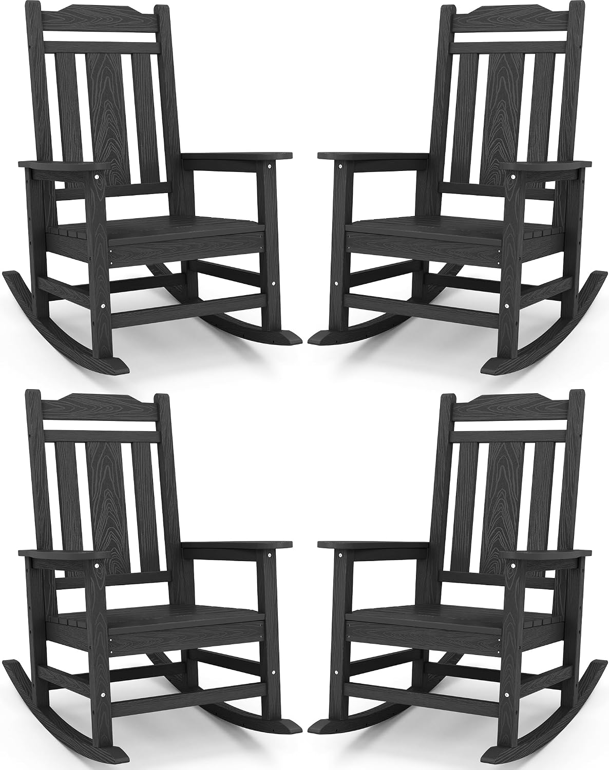 SERWALL Oversized Rocking Chair, HDPE Outdoor Rocking Chairs Set of 4, Patio Rocking Chair Sets for Adults, Black