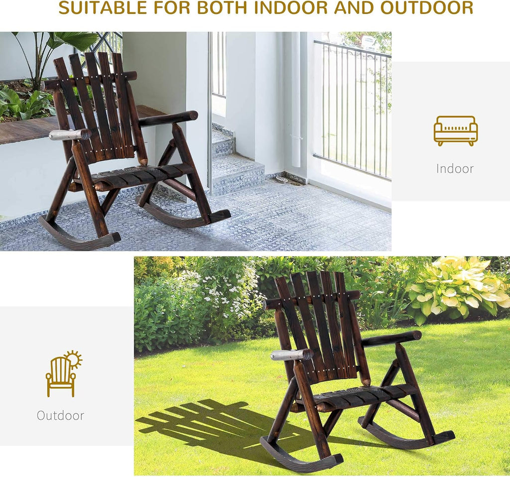 Outsunny Outdoor Wooden Rocking Chair, Single-Person Rustic Adirondack Rocker with Slatted Seat, High Backrest, Armrests for Patio, Garden and Porch, Brown