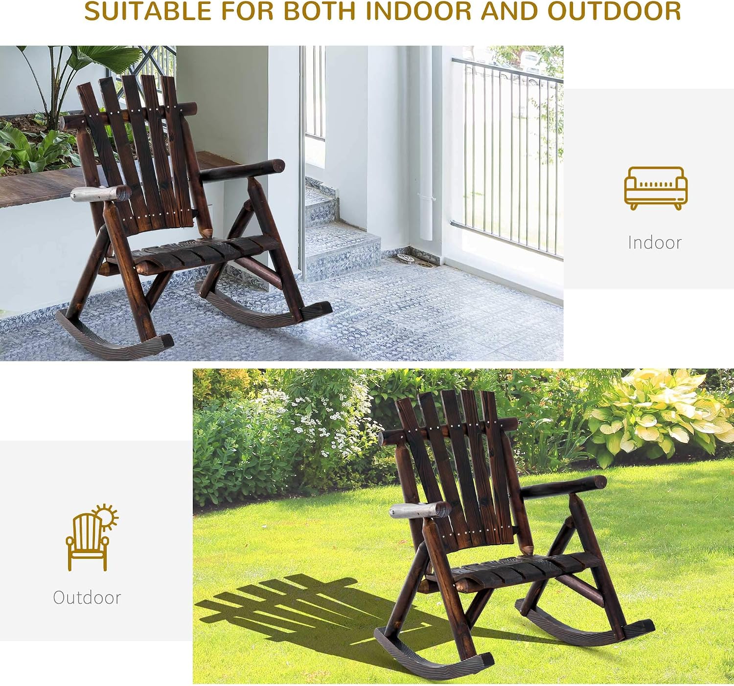 Outsunny Outdoor Wooden Rocking Chair, Single-Person Rustic Adirondack Rocker with Slatted Seat, High Backrest, Armrests for Patio, Garden and Porch, Brown