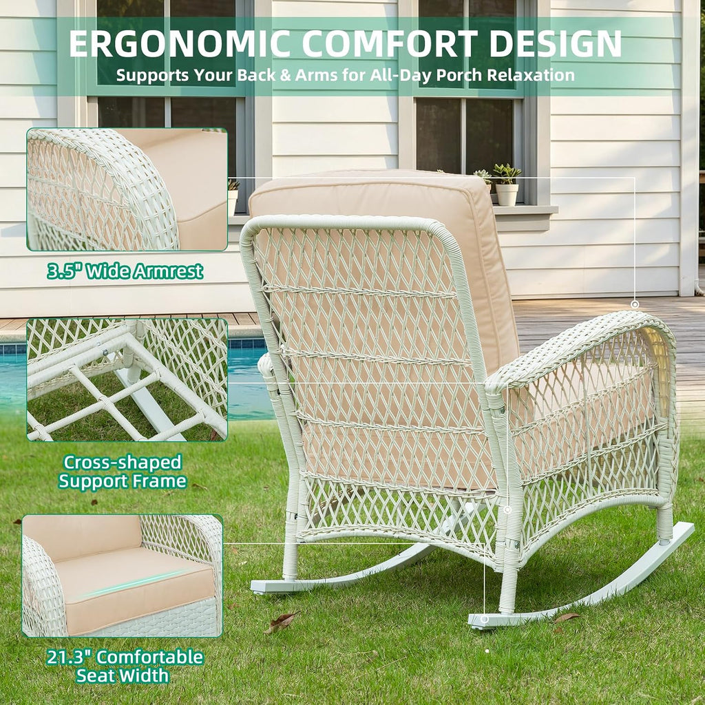 VIVIJASON Outdoor Wicker Rocking Chair, Patio Rattan Rocker Chair with Cushions & Steel Frame, All-Weather Rocking Lawn Furniture for Garden Backyard Porch, Cream White/Beige