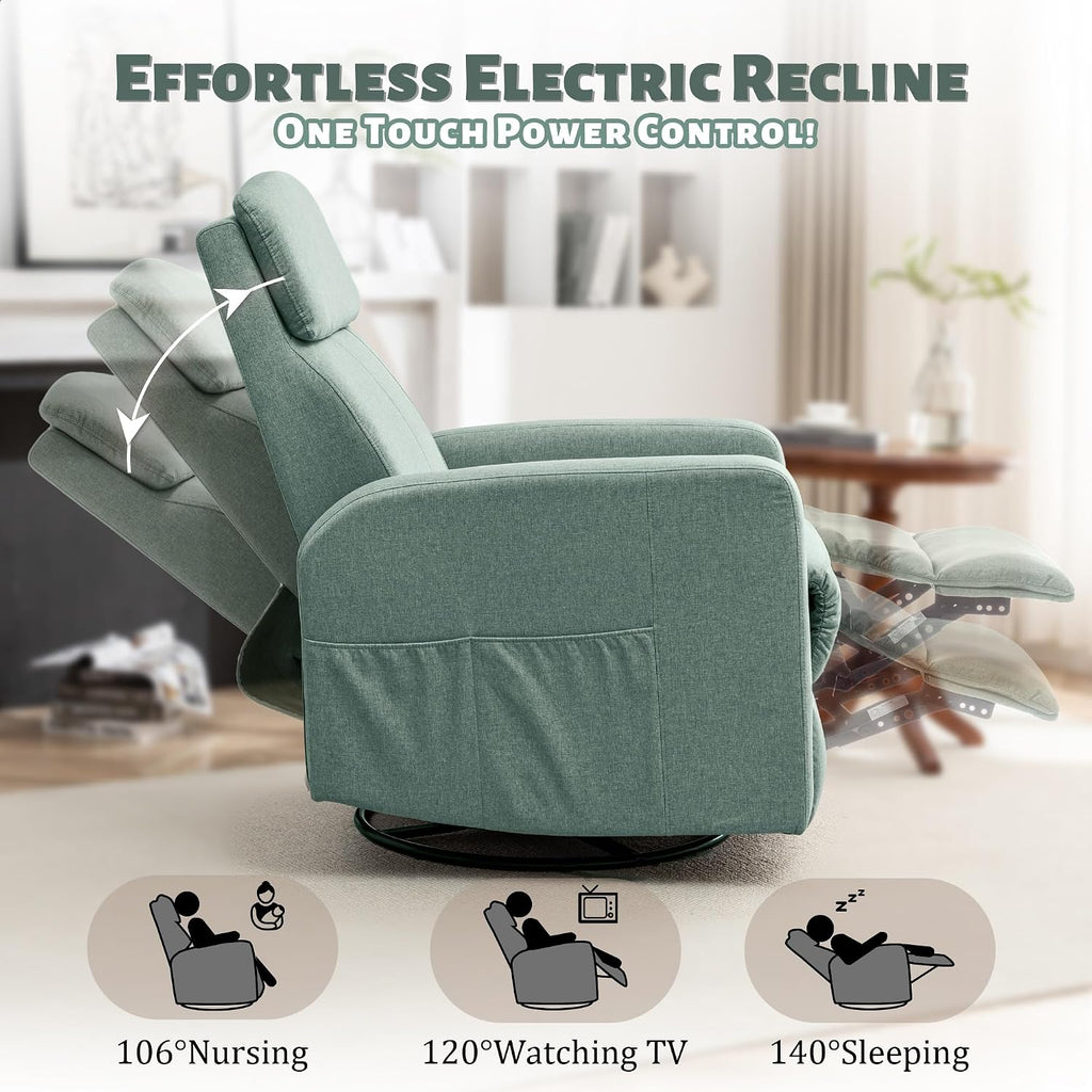 Korser Power Swivel Recliner Chairs for Adults, Electric Glider Rocking Chair Nursery, Glider Recliner Nursery Chair with Classified Side Pocket, Nursery Rocking Chairs with USB and Type-C Ports