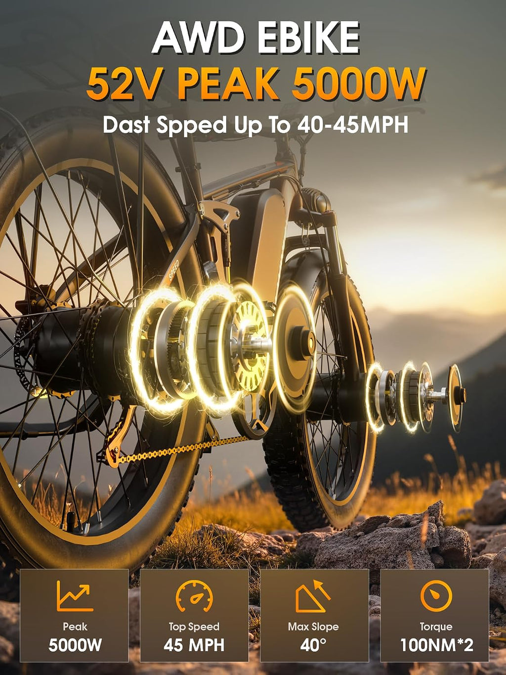 Updated Electric Bike for Adults 5000W Peak Dual Motor Ebike, 52V 32Ah Battery, 45MPH 26' Fat Tire Electric Bicycle, 6 Riding Modes, Full Suspension Electric Mountain Bike for Off Road Snow Sand
