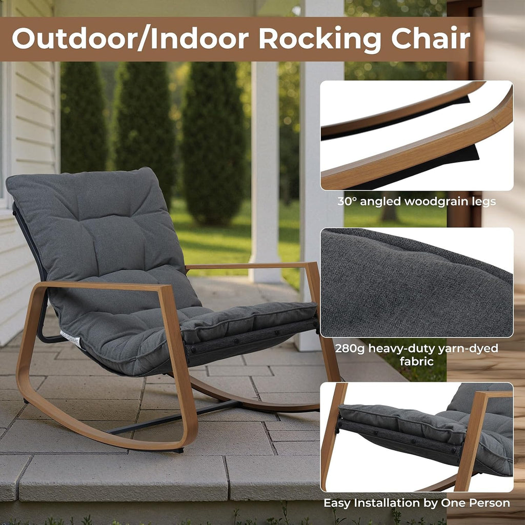 Grand patio Outdoor Rocking Chair, Modern Patio Rocking Chair, 30° Smooth Gliding Motion,Comfortable Padded Seat-Easy Assembly, Living Room, Balcony, Porch, Patio, Garden, Lawn -Dark Grey