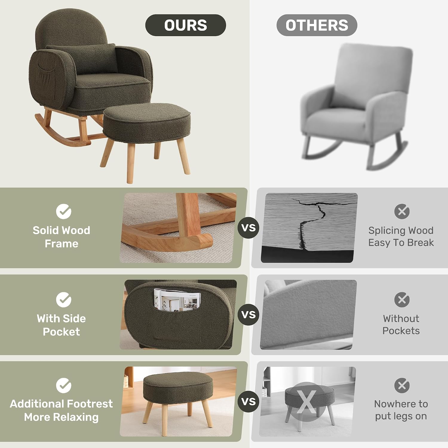 HCHAIRH Rocking Chair with Ottoman, Upholstered Glider Rocker with High Backrest and Side Pocket, Rocking Accent Armchair with Solid Wood Legs for Nursery/Living Room/Bedroom Green