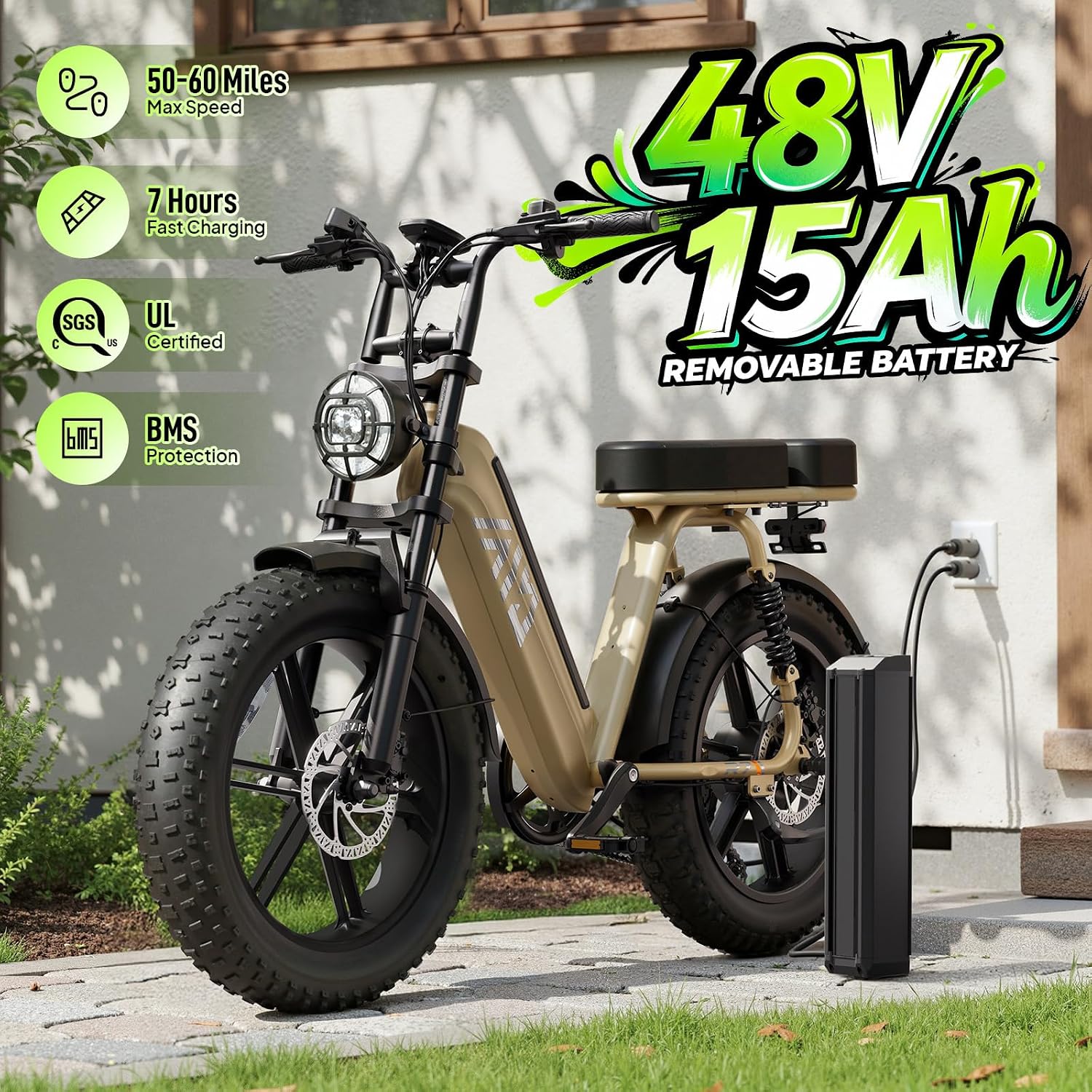 TST Electric Bike for Adults, 1500W Peak Motor 60 Miles Fat Tire Ebike with 48V 15Ah Removable Battery 20' Fat Tire Electric Bike, Full Suspension and 7-Speed