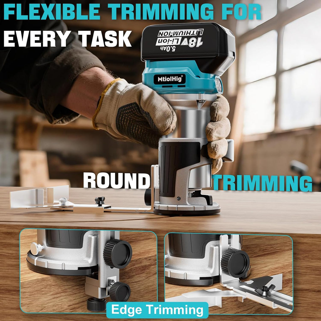 MtiolHig Cordless Compact Router Compatible with Makita 18V Battery, With 1 x 5.0Ah Rechargeable Battery, 6 Pcs Router Bits for Woodworking, 6 Variable Speeds Router With Trim Bits