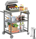 Ciokea Folding Outdoor Grill Cart with Wheels, 3-Shelf Grill Table with 27x18IN Stainless Steel Top, Rolling Pizza Oven Stand, Metal Portable Cart for BBQ Patio Camping (Grey)