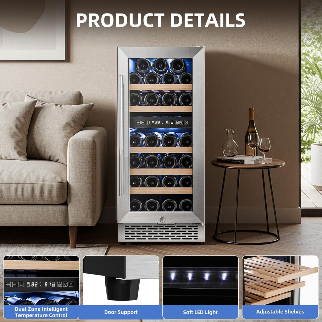 Antarctic Star Wine Fridge 15 Inch Wine Cooler Refrigerator,27 Bottles Dual Zone Freestanding or Bulit-in Wine Cooler Fridge with Stainless Steel Double-Layer Tempered Glass Door,3.1cu.ft