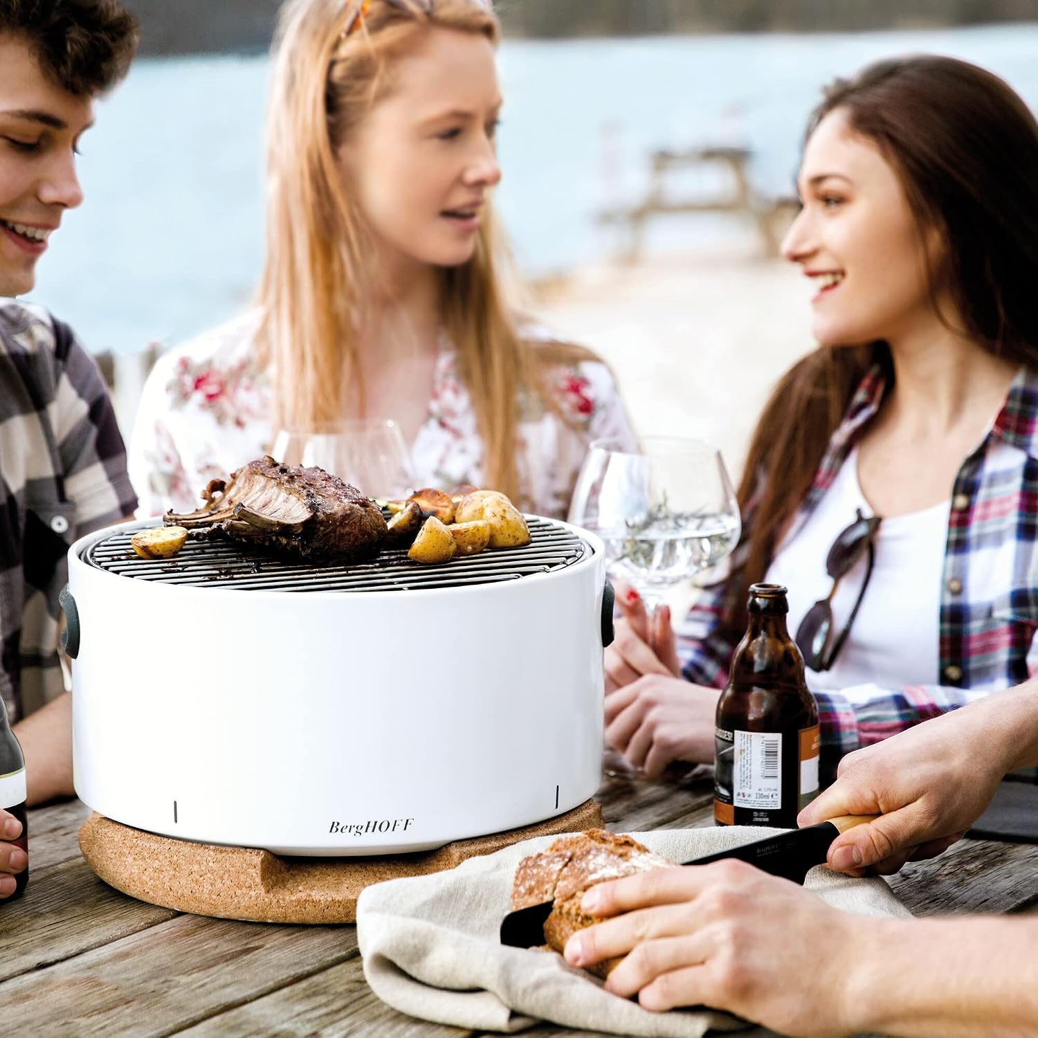 BergHOFF LEO Portable Tabletop BBQ Grill To-go grill with Heat Resistant Base Easy-carry strap & detachable handles, Removable elements, Adjustable airflow, 13.75', White