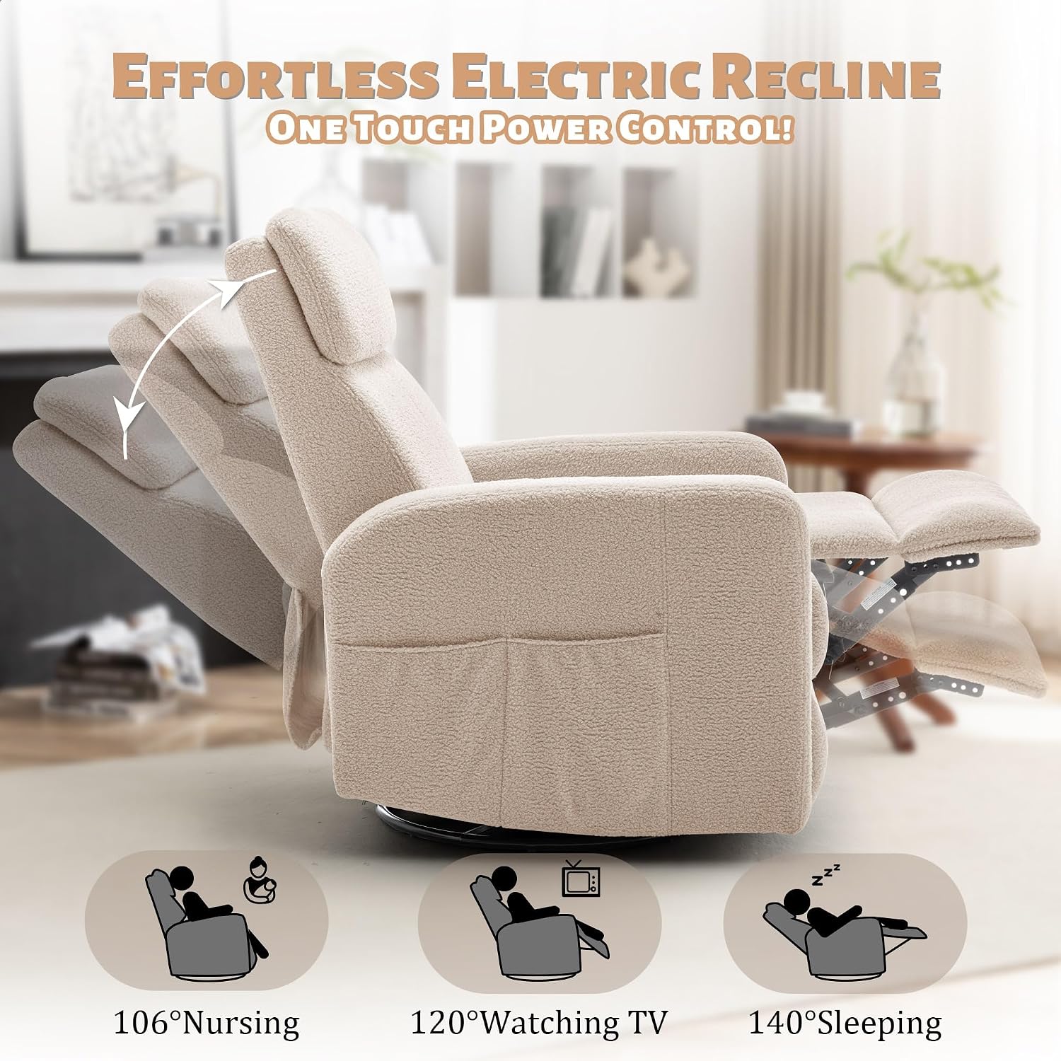 Korser Power Swivel Recliner Chairs for Adults, Electric Glider Rocking Chair Nursery, Glider Recliner Nursery Chair with Classified Side Pocket, Nursery Rocking Chairs with USB and Type-C Ports