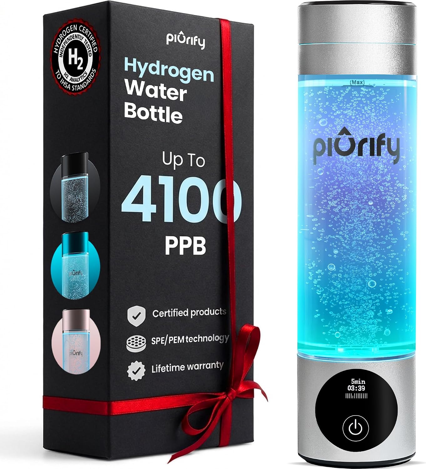 PIURIFY Hydrogen Water Bottle Generator - Up to 4100+ PPB Molecular Hydrogen Infusion - SPE/PEM Technology - Certified H2 Generator - Rechargeable - Extended Warranty - 10 oz (Silver)