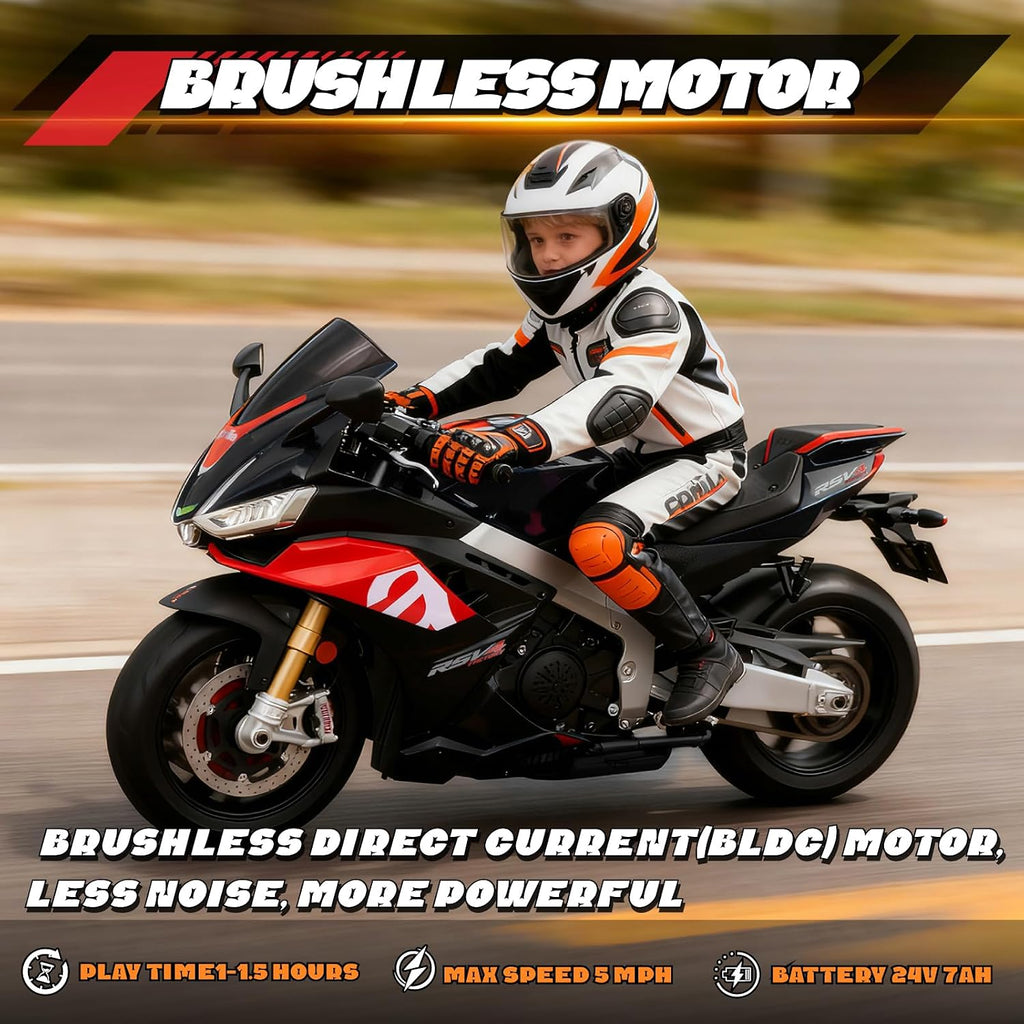 HEIMILI 24V Kids Motorcycle, Aprilia RSV4 Licensed Electric Ride on for 3-6 Years, 51' Large Motorbike with Training Wheels, Bluetooth, Speed 5mph, (Black, 24V(51 * 31 * 22))