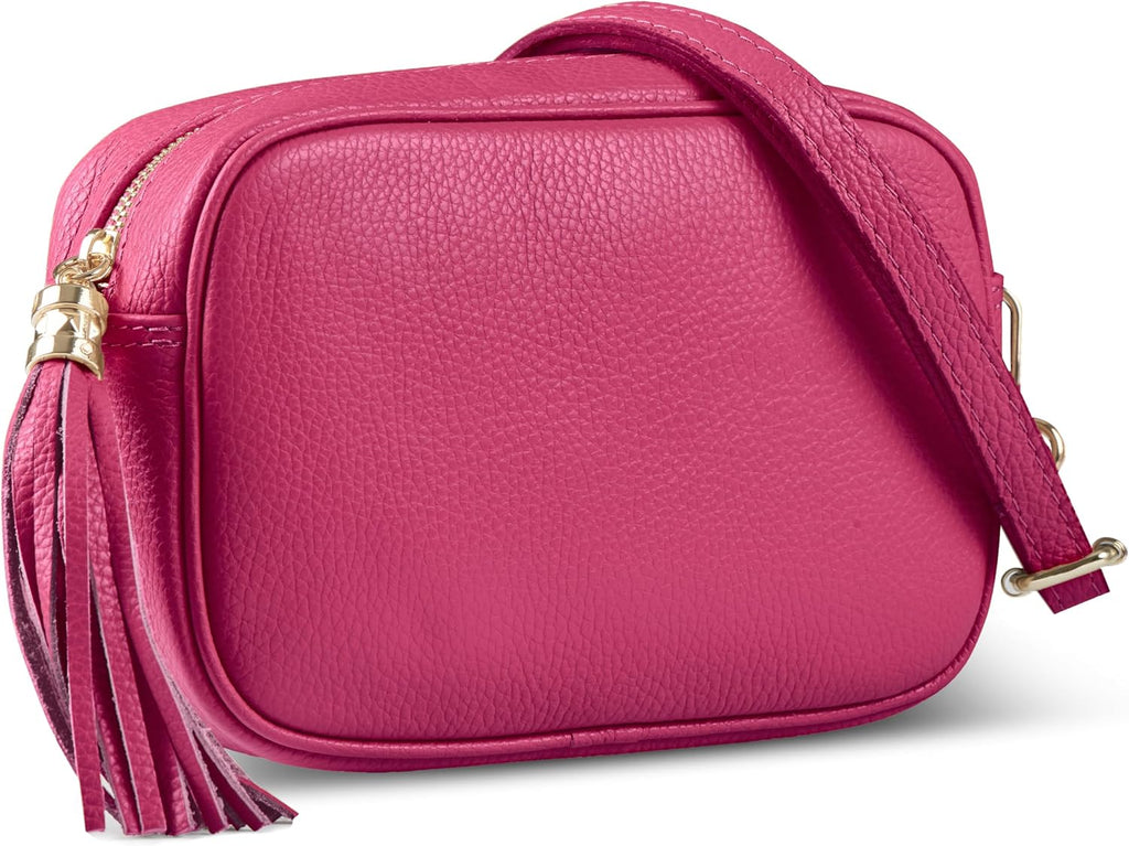 Italian Calf Leather Crossbody Bag for Women with Tassel Zipper | Small Camera Purse Shoulder Handbag Pocketbook